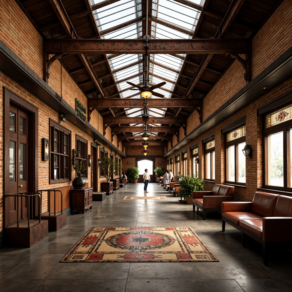 Prompt: Vintage train station, eclectic mix of materials, exposed brick walls, rusty metal beams, reclaimed wood accents, ornate ironwork, stained glass ceilings, intricate tile mosaics, distressed leather benches, antique luggage racks, industrial-style lighting fixtures, warm golden lighting, shallow depth of field, 1/1 composition, realistic textures, ambient occlusion.