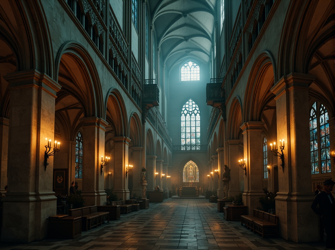 Prompt: Mysterious Gothic cathedral, khaki stone walls, ornate carvings, stained glass windows, grandiose vaulted ceilings, intricate archways, mystical ambiance, warm candlelight, eerie shadows, mysterious fog, misty atmosphere, dramatic lighting, 1/2 composition, low-angle shot, cinematic mood, rich textures, subtle grain.