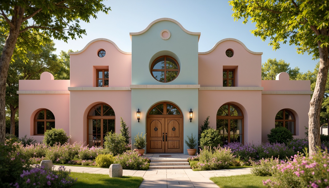 Prompt: Whimsical kindergarten facade, pastel color palette, ornate wooden doors, delicate ironwork, flower-patterned windows, soft pink and blue hues, curved lines, playful turrets, fairytale-inspired architecture, lush greenery, blooming flowers, natural stone walls, rustic wooden accents, vintage lanterns, warm golden lighting, shallow depth of field, 1/1 composition, intimate scale, cozy atmosphere.