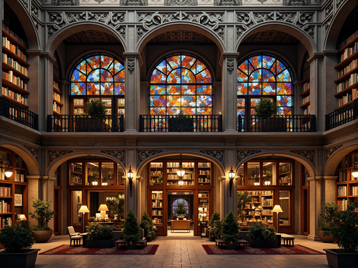 Prompt: Grandiose library facade, eclectic architectural style, ornate stone carvings, intricate metalwork, vibrant stained glass windows, asymmetrical composition, grand entrance archways, imposing columns, ornamental balconies, richly patterned textiles, warm golden lighting, dramatic shadows, 1/2 composition, low-angle shot, realistic materials, ambient occlusion.