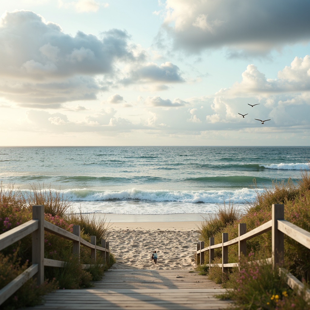 Prompt: Sandy beach, ocean waves, seagulls flying, driftwood accents, weathered wooden decks, nautical ropes, sailboat-inspired railings, calming blue-green color palette, soft pastel hues, creamy whites, warm beige tones, natural textures, woven fibers, sea-salt air, misty mornings, golden sunrises, dramatic cloud formations, 1/2 composition, atmospheric perspective, subtle gradient maps, realistic ocean simulations.