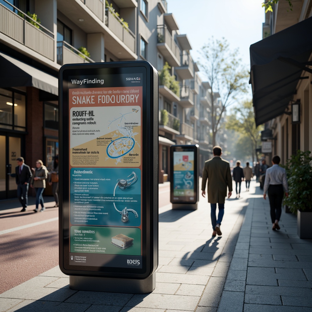 Prompt: Modern wayfinding signage, sleek metal frames, digital displays, interactive kiosks, clear typography, vibrant color schemes, intuitive navigation, pedestrian-friendly infrastructure, urban cityscape, bustling streets, morning commute, soft natural lighting, shallow depth of field, 1/1 composition, realistic textures, ambient occlusion.