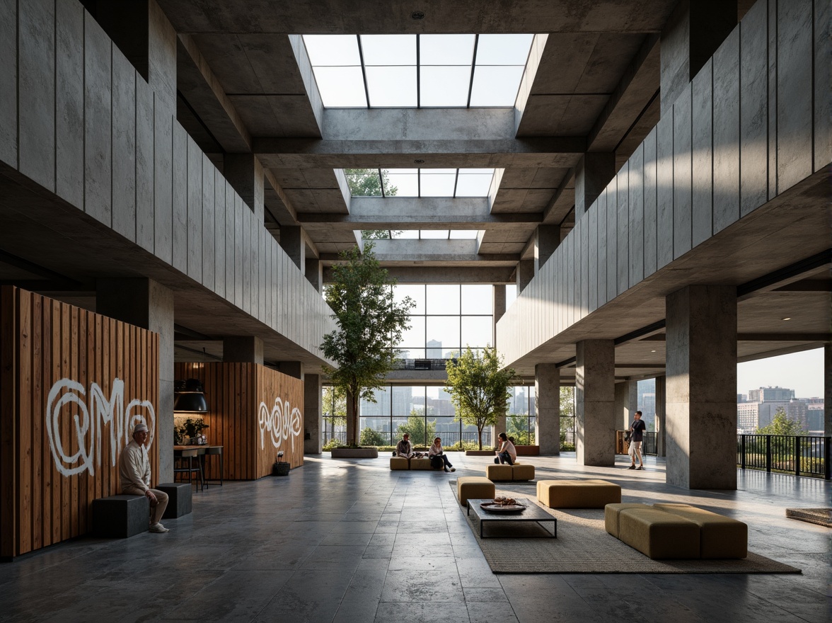 Prompt: Rugged community center, brutalist architecture, raw concrete walls, exposed ductwork, industrial metal beams, natural light pouring in, large skylights, clerestory windows, urban landscape views, gritty cityscape, overcast sky, soft diffused lighting, high contrast shadows, dramatic architectural forms, bold geometric shapes, functional minimalism, communal gathering spaces, reclaimed wood accents, weathered steel features, abstract graffiti art, moody atmospheric tones, cinematic composition, realistic textures, ambient occlusion.