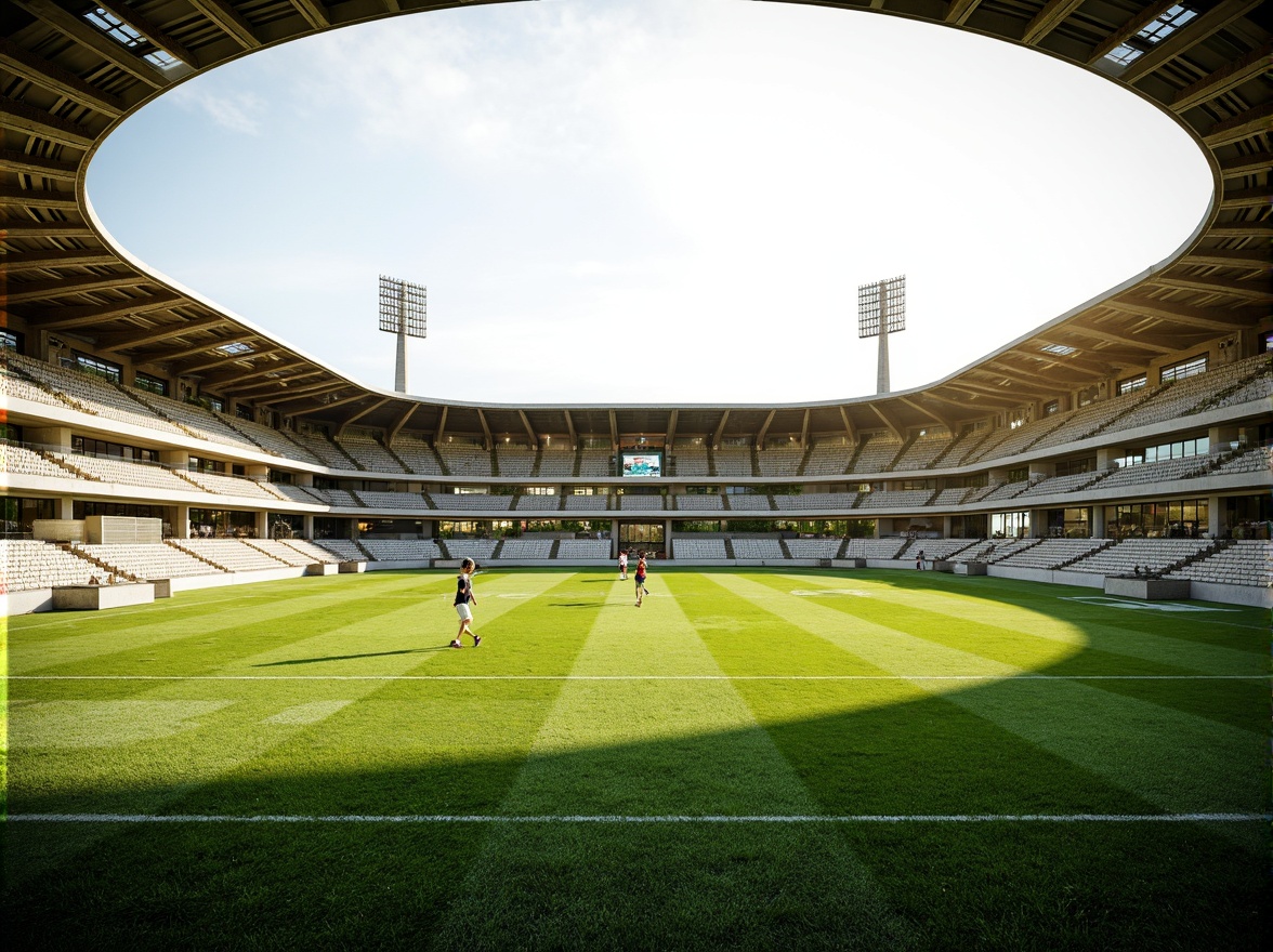 Prompt: Eco-friendly sports stadium, lush green grass, organic curves, natural ventilation systems, recycled materials, solar-powered lighting, rainwater harvesting, permeable pavement, native plant species, living walls, green roofs, bamboo flooring, reclaimed wood accents, minimalist design, open-air concourses, shaded spectator areas, misting systems, warm sunny day, soft natural lighting, shallow depth of field, 3/4 composition, panoramic view, realistic textures, ambient occlusion.