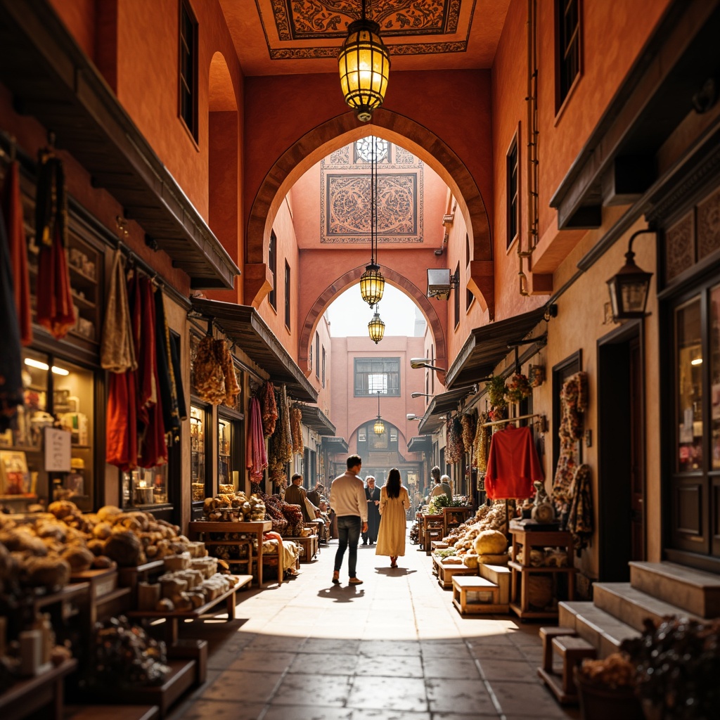 Prompt: Vibrant Moroccan souk, warm terracotta walls, intricately patterned tiles, ornate Islamic architecture, bustling marketplace atmosphere, richly colored fabrics, golden lighting, shallow depth of field, 3/4 composition, panoramic view, realistic textures, ambient occlusion.