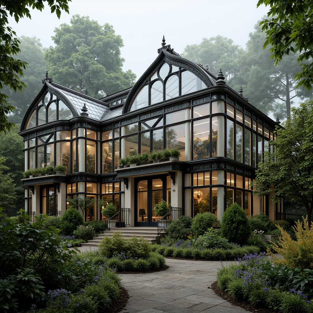 Prompt: Elegant greenhouse, ornate metal frames, lush greenery, exotic plants, Victorian-era inspired architecture, intricate glass details, curved lines, symmetrical facades, grand entranceways, decorative finials, ornamental ridges, natural stone foundations, rustic wooden accents, soft warm lighting, misty atmosphere, shallow depth of field, 1/1 composition, realistic textures, ambient occlusion.