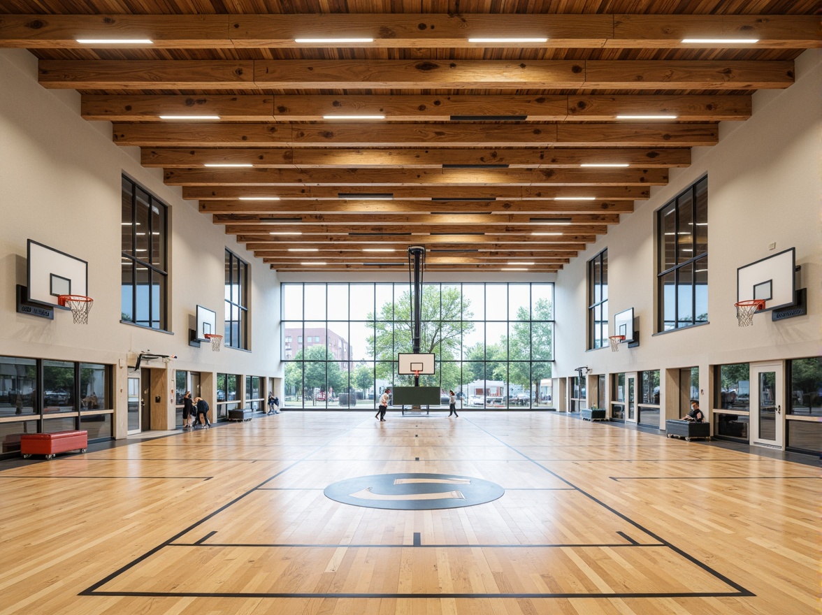 Prompt: Modern gymnasium interior, high ceilings, wooden flooring, sound-absorbing panels, acoustic ceiling tiles, reverberation control systems, echo-reducing materials, sports equipment, basketball hoops, volleyball nets, bleacher seating, natural light, large windows, transparent glass walls, minimal ornamentation, functional design, warm color scheme, soft indirect lighting, shallow depth of field, 1/2 composition, realistic textures, ambient occlusion.