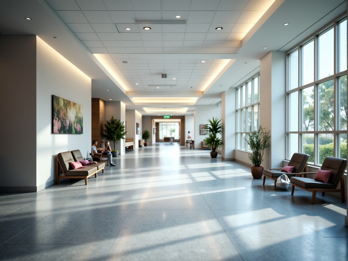 Prompt: Sleek hospital corridors, polished floors, minimalist decor, calming color schemes, natural light, floor-to-ceiling windows, modern medical equipment, stainless steel surfaces, ergonomic furniture, comfortable waiting areas, soothing artwork, subtle textures, ambient lighting, shallow depth of field, 1/1 composition, realistic renderings, soft focus, warm color tones, peaceful atmosphere.