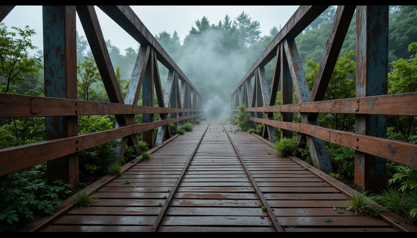 Prompt: Rustic steel bridges, industrial-era aesthetic, weathered metal textures, warm earthy tones, muted blue-grey hues, rich brown wood accents, vibrant greenery surroundings, misty atmospheric effects, soft natural lighting, shallow depth of field, 2/3 composition, cinematic view, realistic reflections, ambient occlusion.