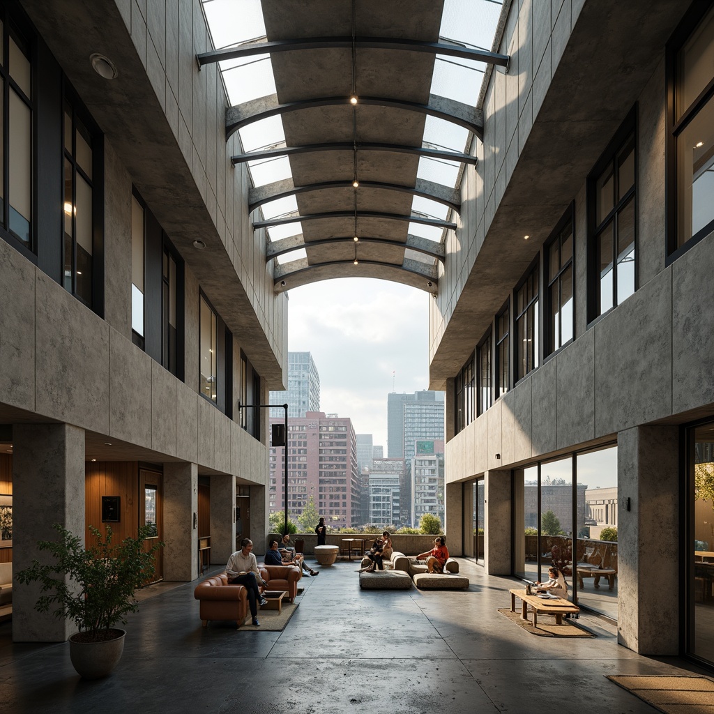 Prompt: Rugged community center, brutalist architecture, raw concrete walls, exposed ductwork, industrial metal beams, natural light pouring in, large skylights, clerestory windows, urban landscape views, gritty cityscape, overcast sky, soft diffused lighting, high contrast shadows, dramatic architectural angles, bold structural elements, minimalist interior design, functional simplicity, communal gathering spaces, reclaimed wood accents, earthy color palette, organic textures, 3/4 composition, cinematic framing, realistic render.