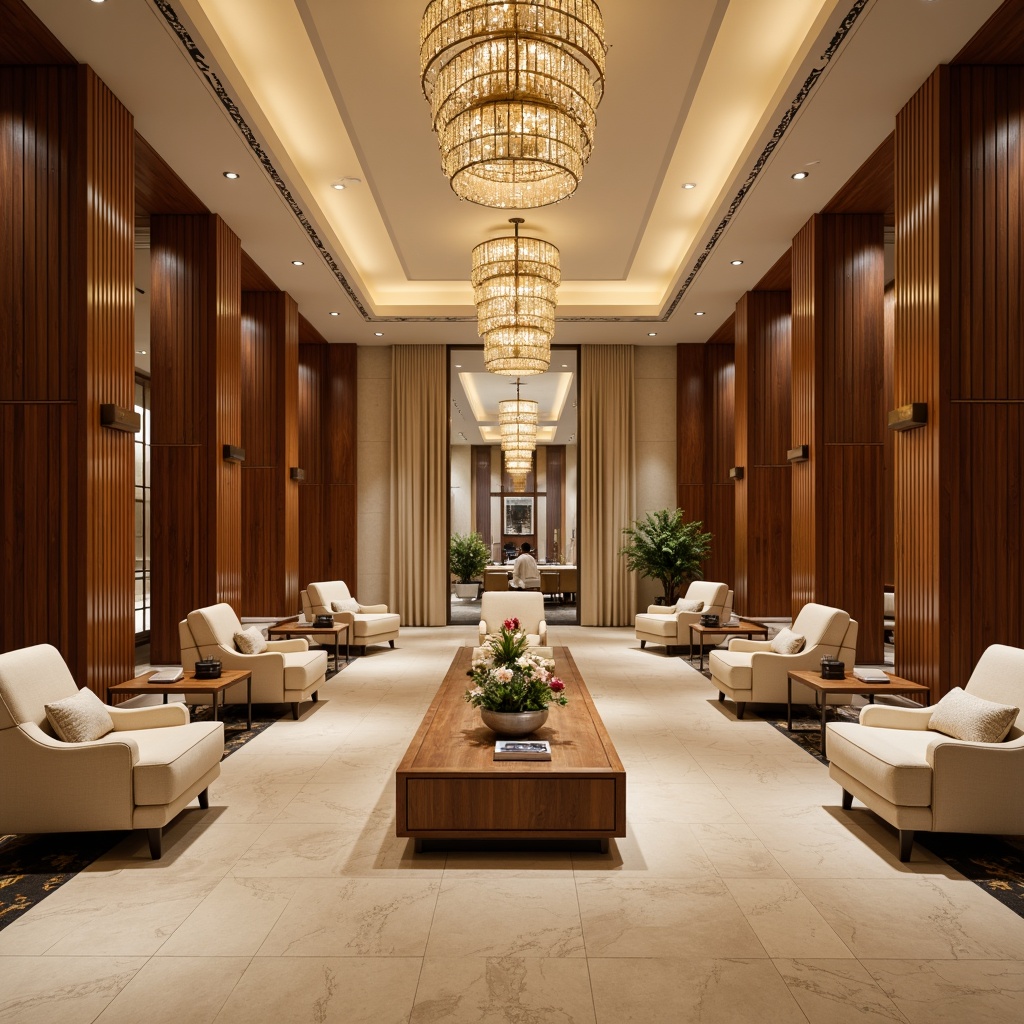 Prompt: Luxurious hotel lobby, rich wood accents, warm beige tones, soft cream hues, velvety upholstery, metallic gold fixtures, elegant chandeliers, natural stone flooring, ambient warm lighting, shallow depth of field, 3/4 composition, panoramic view, realistic textures, inviting atmosphere.