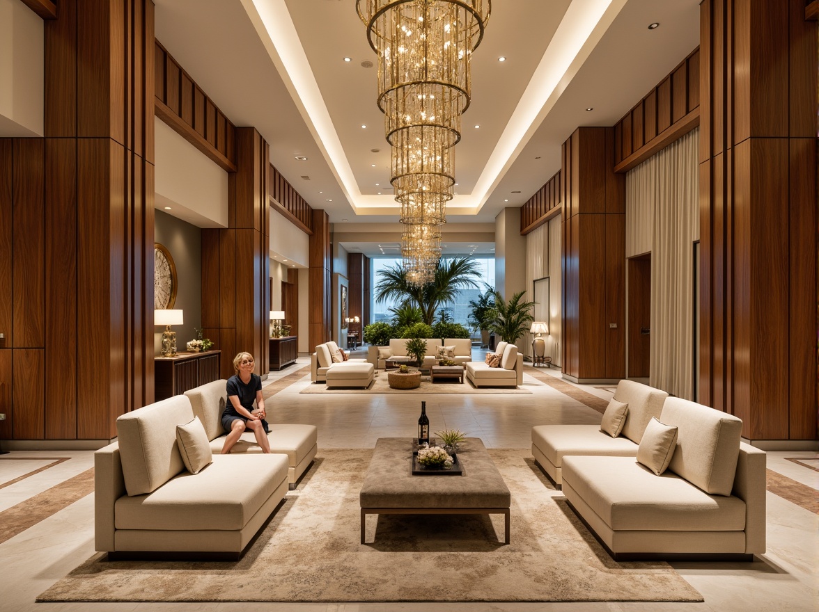 Prompt: Luxurious hotel lobby, rich wood accents, warm beige tones, soft cream hues, velvety upholstery, metallic gold fixtures, elegant chandeliers, natural stone flooring, ambient warm lighting, shallow depth of field, 3/4 composition, panoramic view, realistic textures, inviting atmosphere.