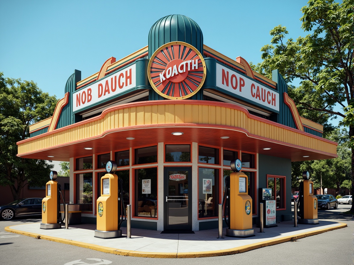 Prompt: Retro gas station, Art Deco signage, neon lights, bold typography, geometric patterns, metallic accents, vintage fuel pumps, curved lines, ornate details, bright colors, sunny day, shallow depth of field, 1/1 composition, realistic textures, ambient occlusion.