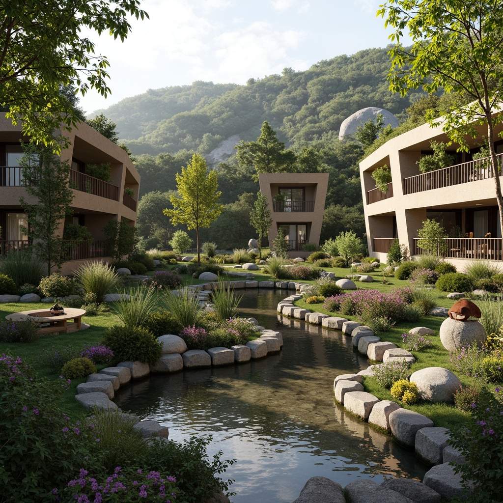 Prompt: Eco-friendly buildings, lush green roofs, living walls, natural ventilation, solar panels, wind turbines, rainwater harvesting systems, organic gardens, native plant species, meandering streams, serene water features, rustic wooden bridges, weathered stone pathways, earthy color palette, soft diffused lighting, shallow depth of field, 3/4 composition, panoramic view, realistic textures, ambient occlusion.