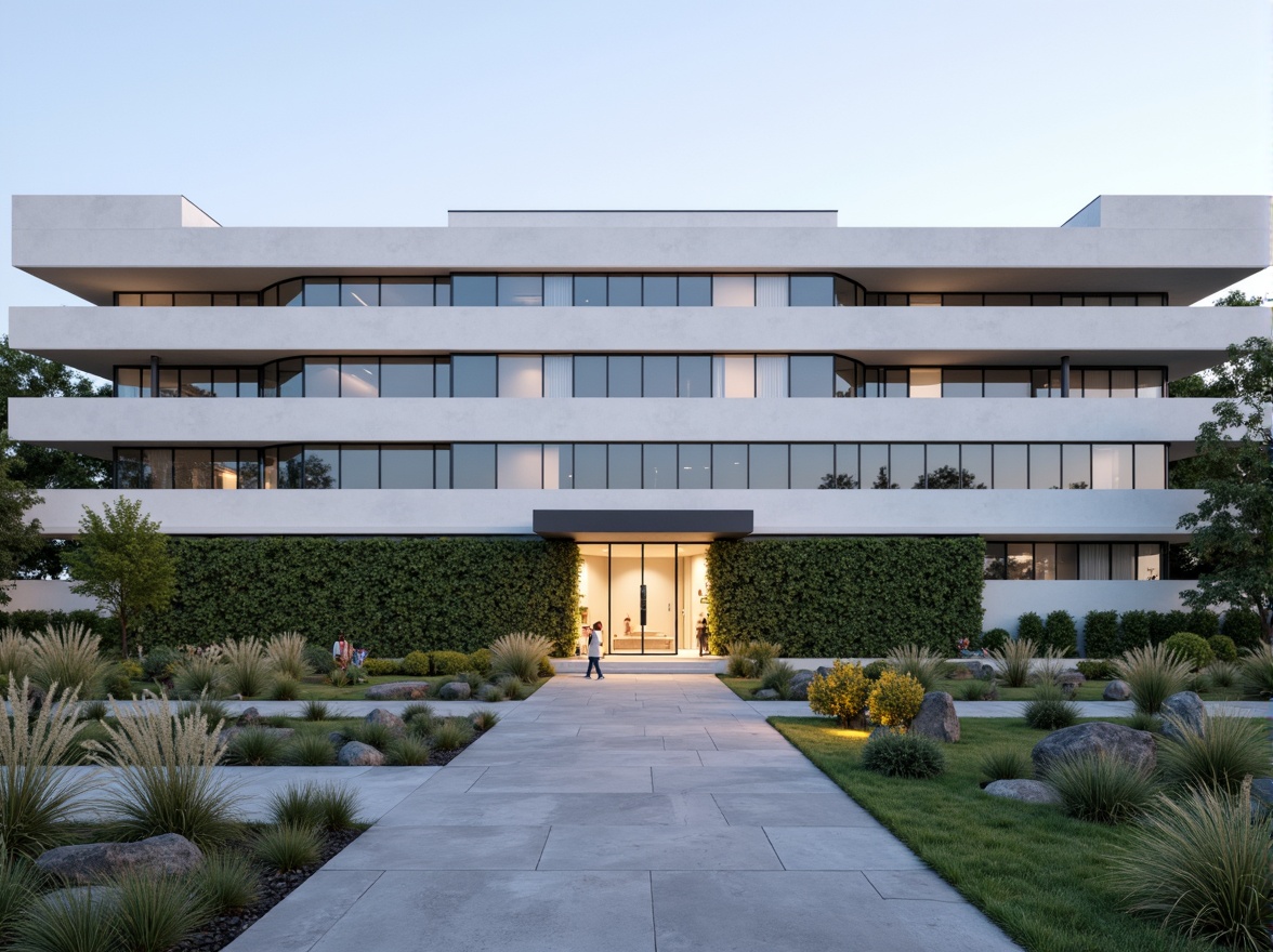 Prompt: Clean hospital facade, minimalist architecture, simple rectangular forms, flat roofs, neutral color palette, large glass windows, metal frames, subtle shading devices, vertical green walls, living walls, natural stone cladding, smooth concrete surfaces, hidden LED lighting, soft ambient illumination, 1/1 composition, symmetrical balance, realistic materials, subtle texture variations.