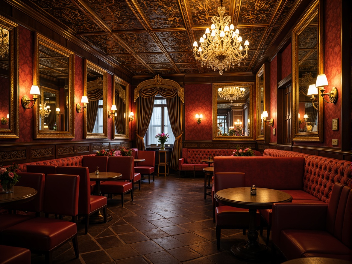 Prompt: Richly ornamented pub interior, lavish golden accents, intricately carved wooden panels, ornate mirrors, crystal chandeliers, velvet drapes, luxurious fabrics, gilded frames, antique furniture, curved lines, opulent textures, warm candlelight, soft focus, shallow depth of field, 1/2 composition, dramatic lighting, realistic reflections, ambient occlusion.