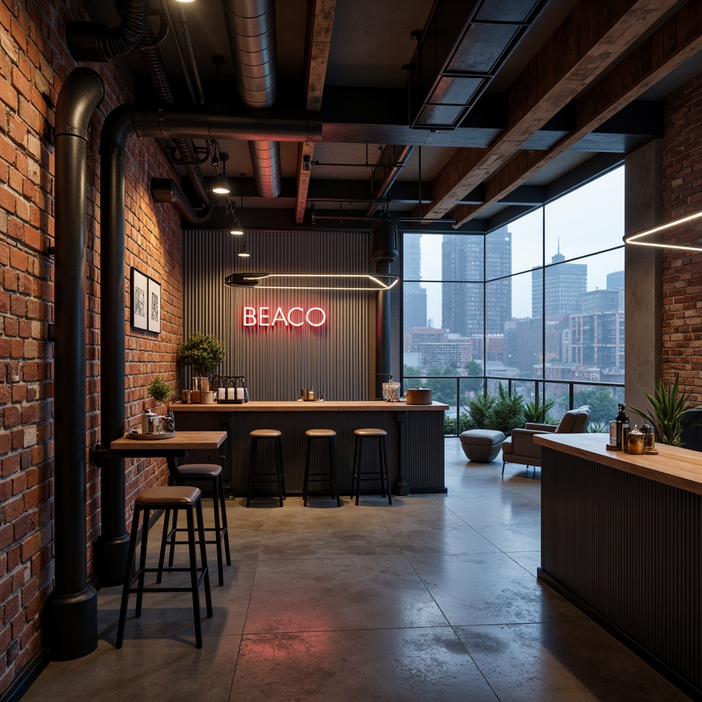 Prompt: Exposed brick walls, distressed concrete floors, metallic beams, industrial pipes, reclaimed wood accents, corrugated metal cladding, neon-lit signage, futuristic LED lighting, minimalist decor, urban cityscape views, foggy atmosphere, cinematic low-key lighting, shallow depth of field, 2/3 composition, realistic reflections, ambient occlusion.