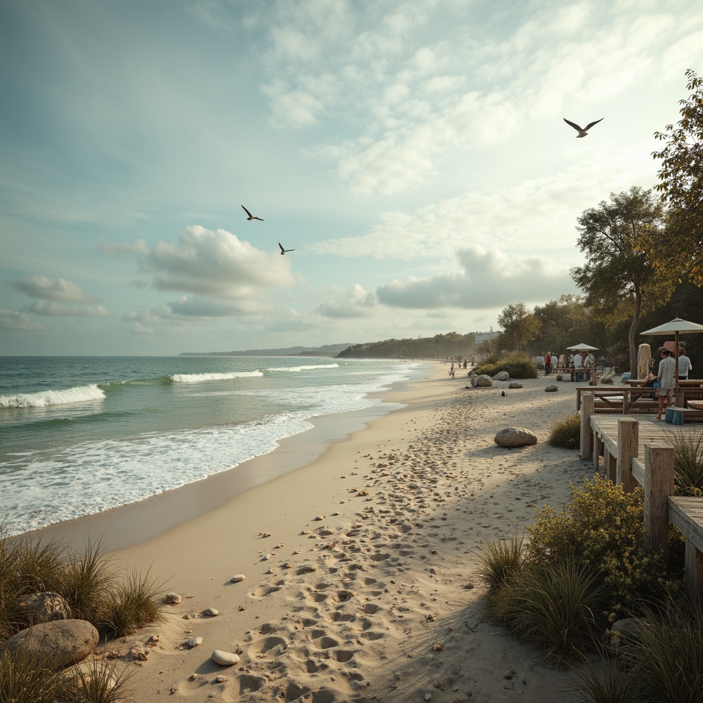 Prompt: Sandy beach, ocean waves, seagulls flying, driftwood accents, weathered wooden decks, nautical ropes, sailboat-inspired railings, calming blue-green color palette, soft pastel hues, creamy whites, warm beige tones, natural textures, woven fibers, sea-salt air, misty mornings, golden sunrises, dramatic cloud formations, 1/2 composition, atmospheric perspective, subtle gradient maps, realistic ocean simulations.