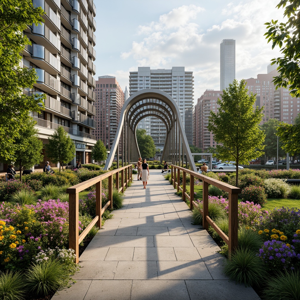 Prompt: Curved pedestrian bridge, lush greenery, vibrant flowers, natural stone walkways, wooden railings, modern architecture, sleek metal structures, glass floors, scenic city views, bustling urban atmosphere, soft warm lighting, shallow depth of field, 3/4 composition, panoramic view, realistic textures, ambient occlusion, integrated landscape design, native plant species, water features, public art installations, seating areas, accessible ramps, safety handrails.