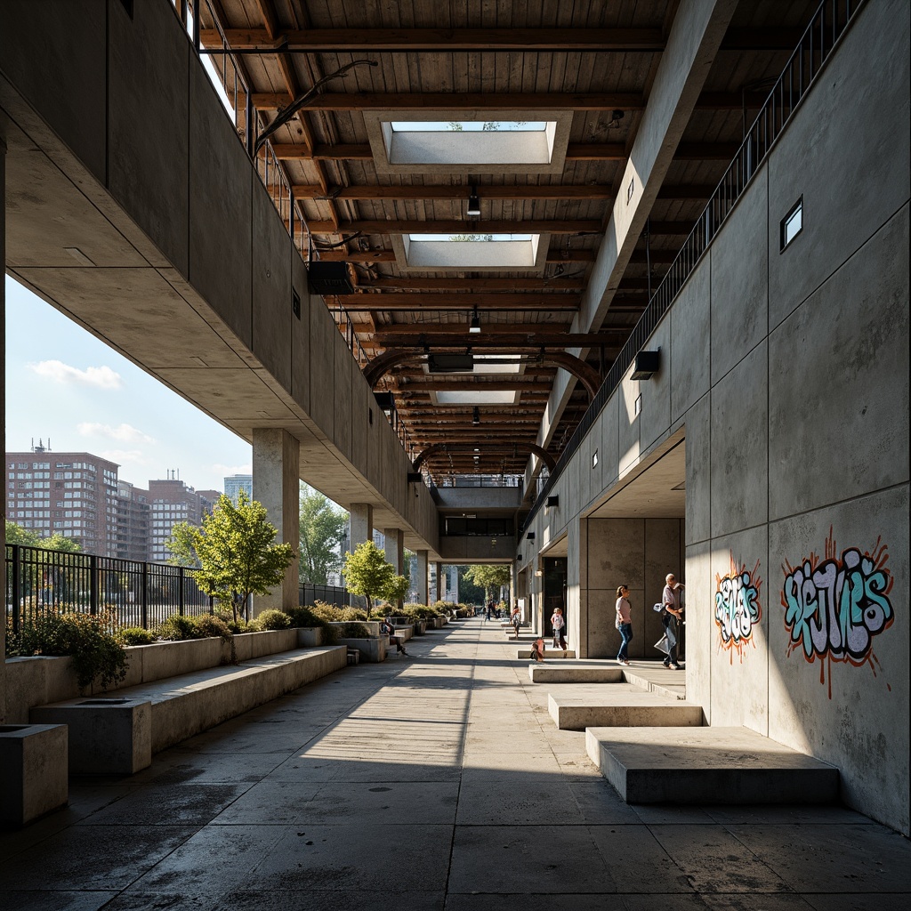 Prompt: Rugged community center, brutalist architecture, raw concrete walls, exposed ductwork, industrial metal beams, reclaimed wood accents, bold geometric forms, dramatic natural light, urban cityscape, gritty asphalt pavement, weathered steel railings, distressed brick facades, poured-in-place concrete benches, abstract graffiti murals, moody atmospheric lighting, high-contrast textures, cinematic composition, stark shadows, brutalist color palette.