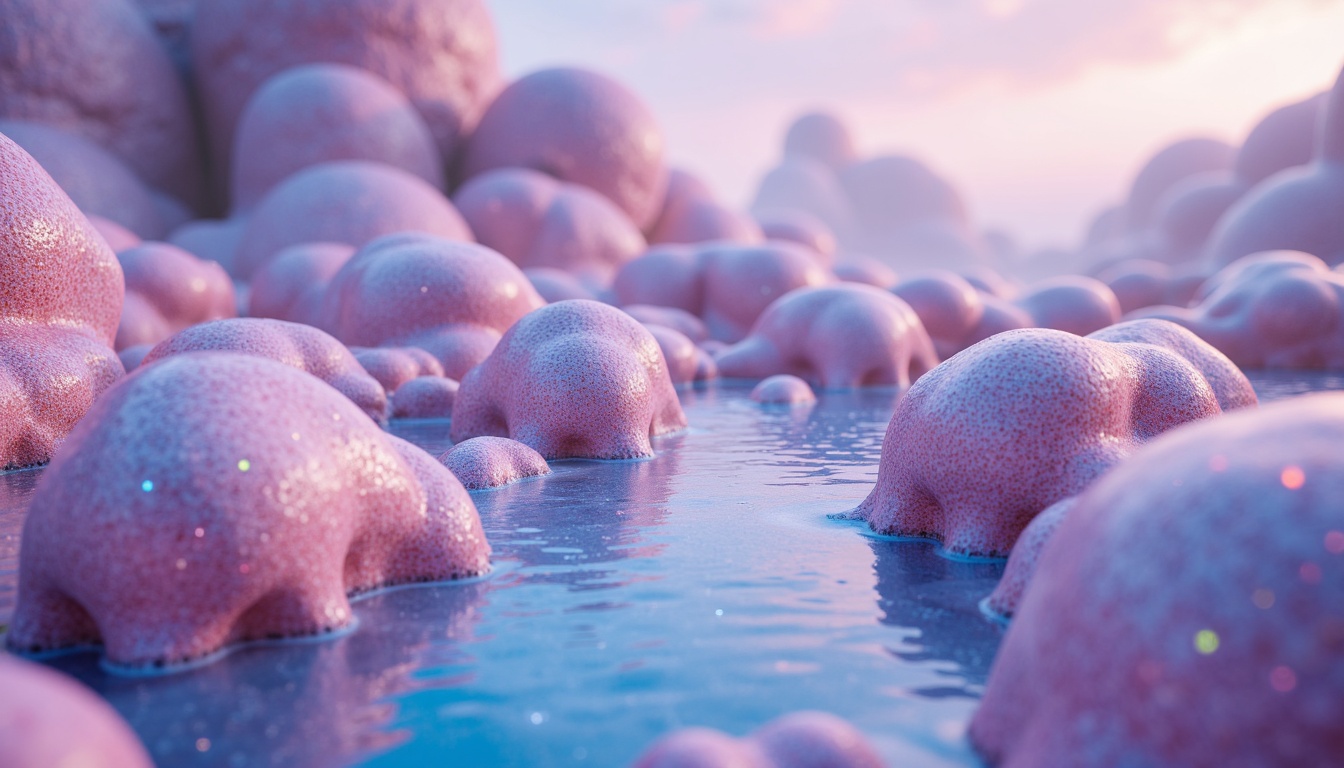 Prompt: Vibrant blob-like structures, iridescent colors, shimmering effects, neon hues, pastel shades, soft gradients, futuristic ambiance, glowing accents, luminescent materials, metallic sheens, holographic patterns, 3D modeling, abstract shapes, surreal landscapes, dreamy atmosphere, ethereal quality, misty backgrounds, subtle animations, interactive lighting, immersive experience.