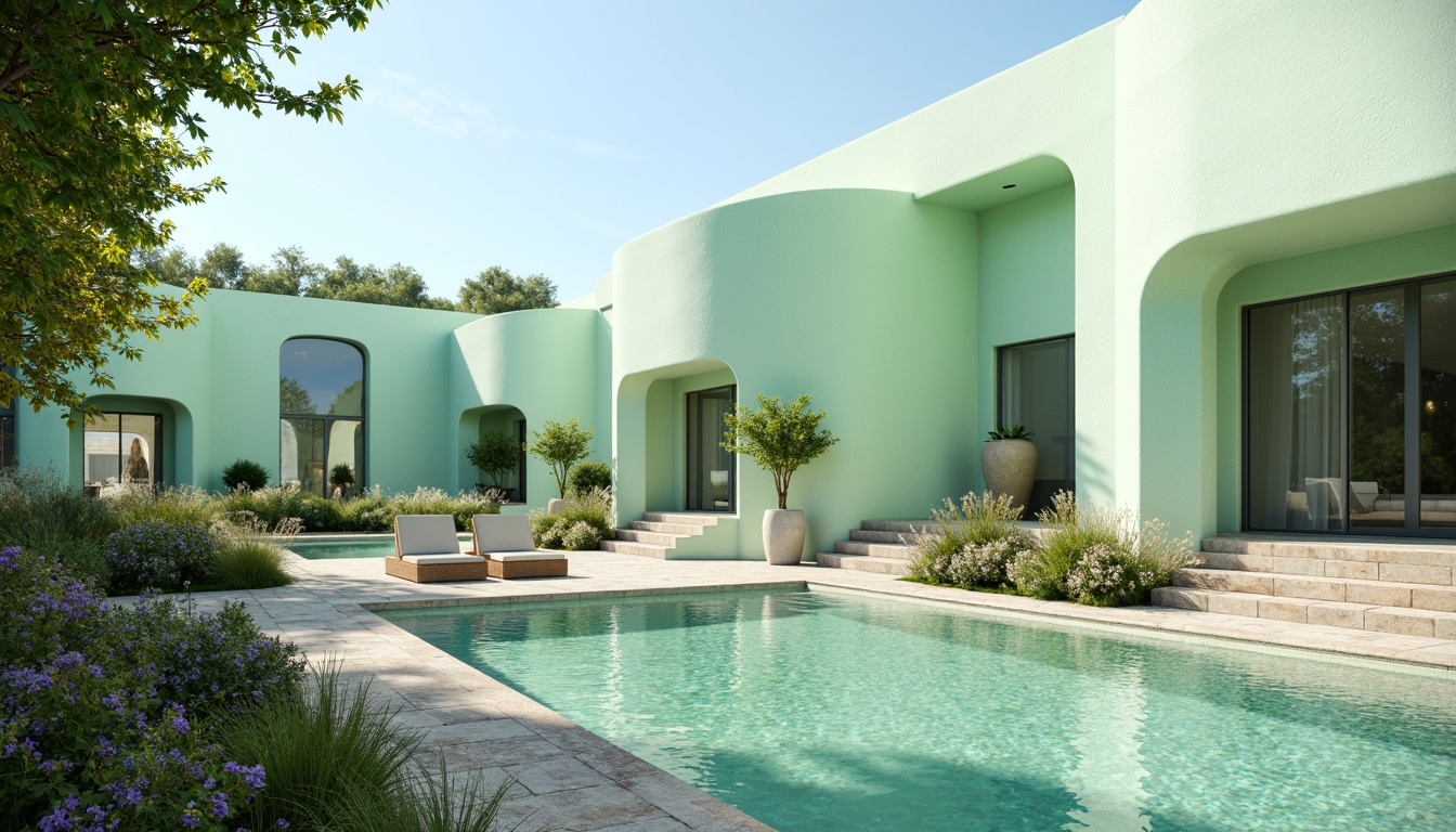 Prompt: Soothing mint-green buildings, soft pastel hues, calming atmosphere, natural stone foundations, curved lines, minimalist design, large windows, sliding glass doors, lush greenery, blooming flowers, serene water features, shallow reflective pools, warm sunny day, gentle misting systems, ambient occlusion, 3/4 composition, panoramic view, realistic textures, modern architecture, eco-friendly materials, innovative cooling technologies.