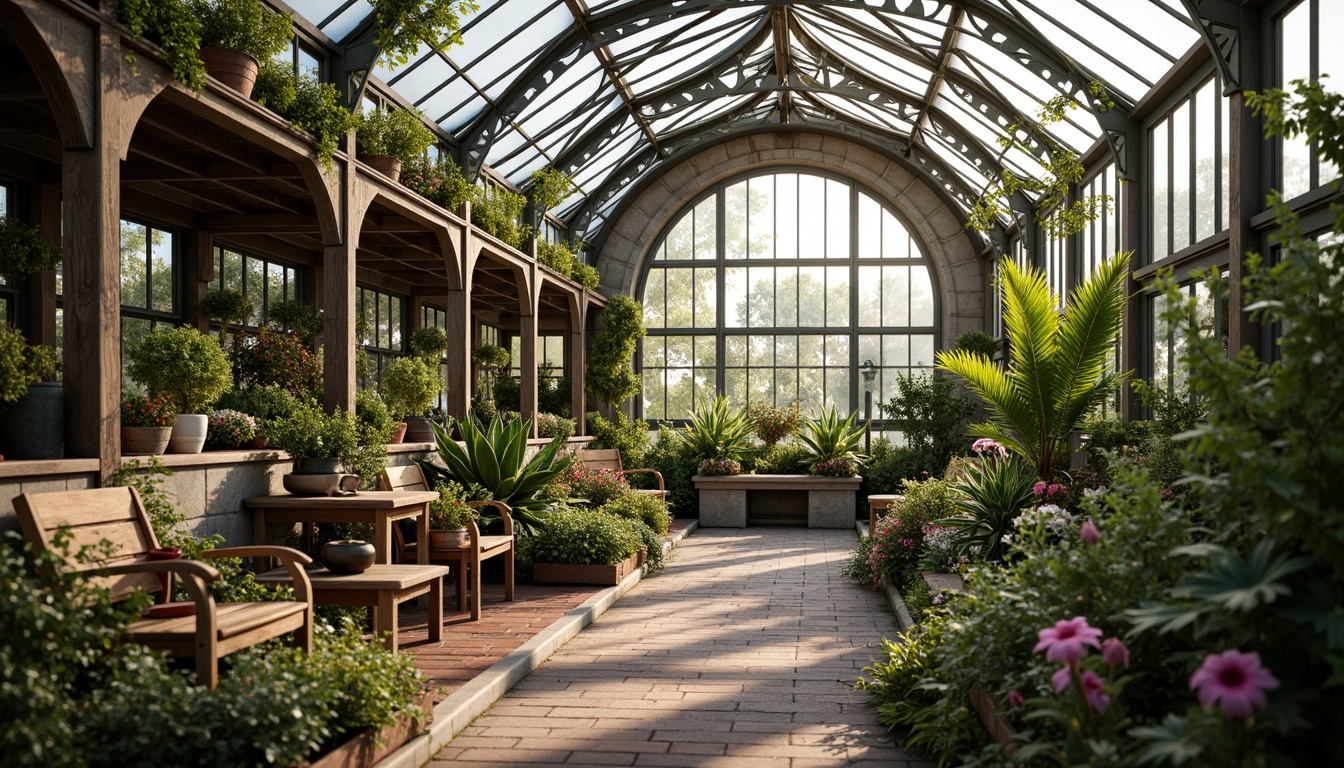 Prompt: Ornate greenhouse, lush tropical plants, exotic flowers, curved glass roofs, ornamental metal frames, natural stone walls, rustic wooden accents, vintage gardening tools, distressed brick pathways, soft warm lighting, shallow depth of field, 1/1 composition, realistic textures, ambient occlusion, innovative materials, recycled glass, low-carbon concrete, sustainable wood, eco-friendly insulation, energy-efficient systems, misting irrigation systems, romantic ambiance, serene atmosphere.