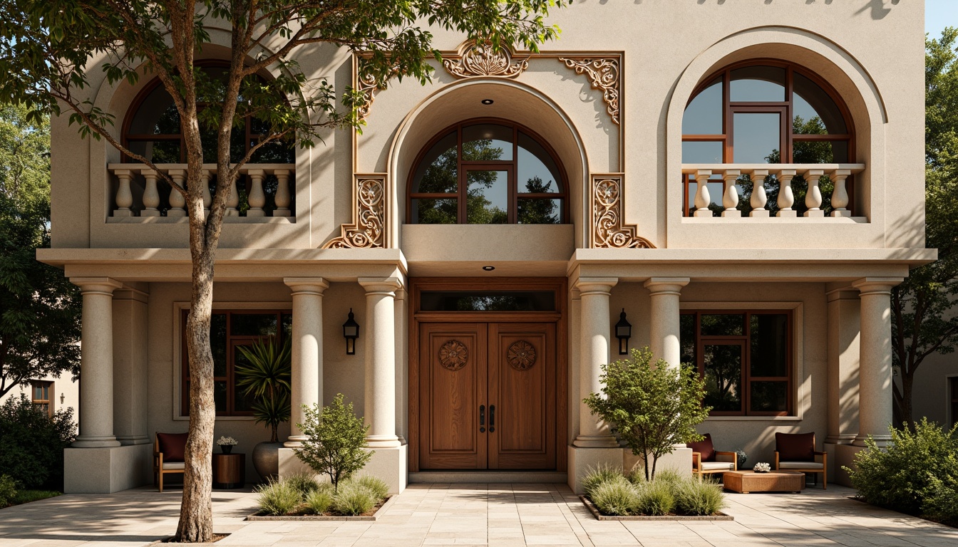 Prompt: Rustic office building, Romanesque facade, arched windows, ornate stone carvings, grand entrance, heavy wooden doors, intricate moldings, earthy color palette, natural stone walls, columned portico, symmetrical composition, warm afternoon lighting, shallow depth of field, 1/2 composition, realistic textures, ambient occlusion.