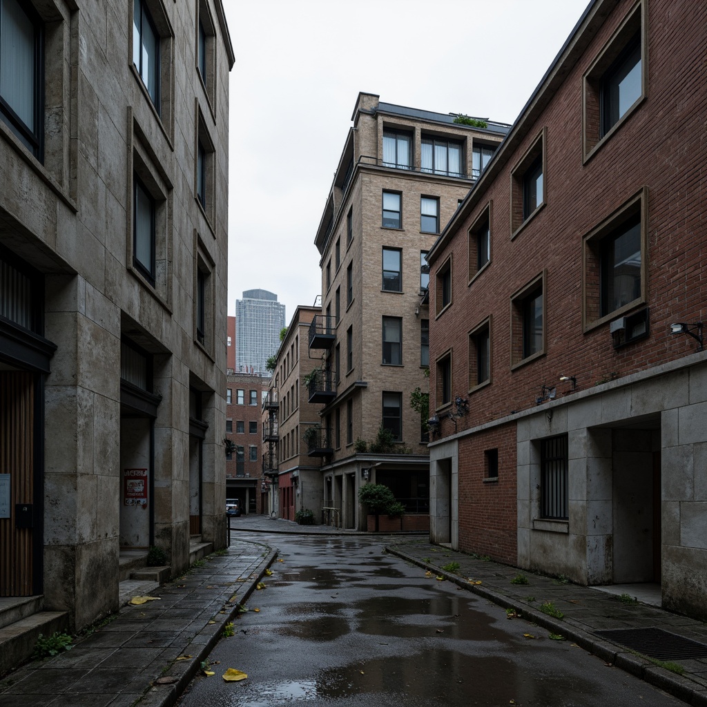 Prompt: Rough concrete walls, exposed ductwork, industrial metal beams, raw brick facades, weathered stone surfaces, distressed wood accents, brutalist monumentality, fortress-like structures, urban cityscape, overcast skies, dramatic shadows, high-contrast lighting, cinematic composition, gritty realistic textures, ambient occlusion.