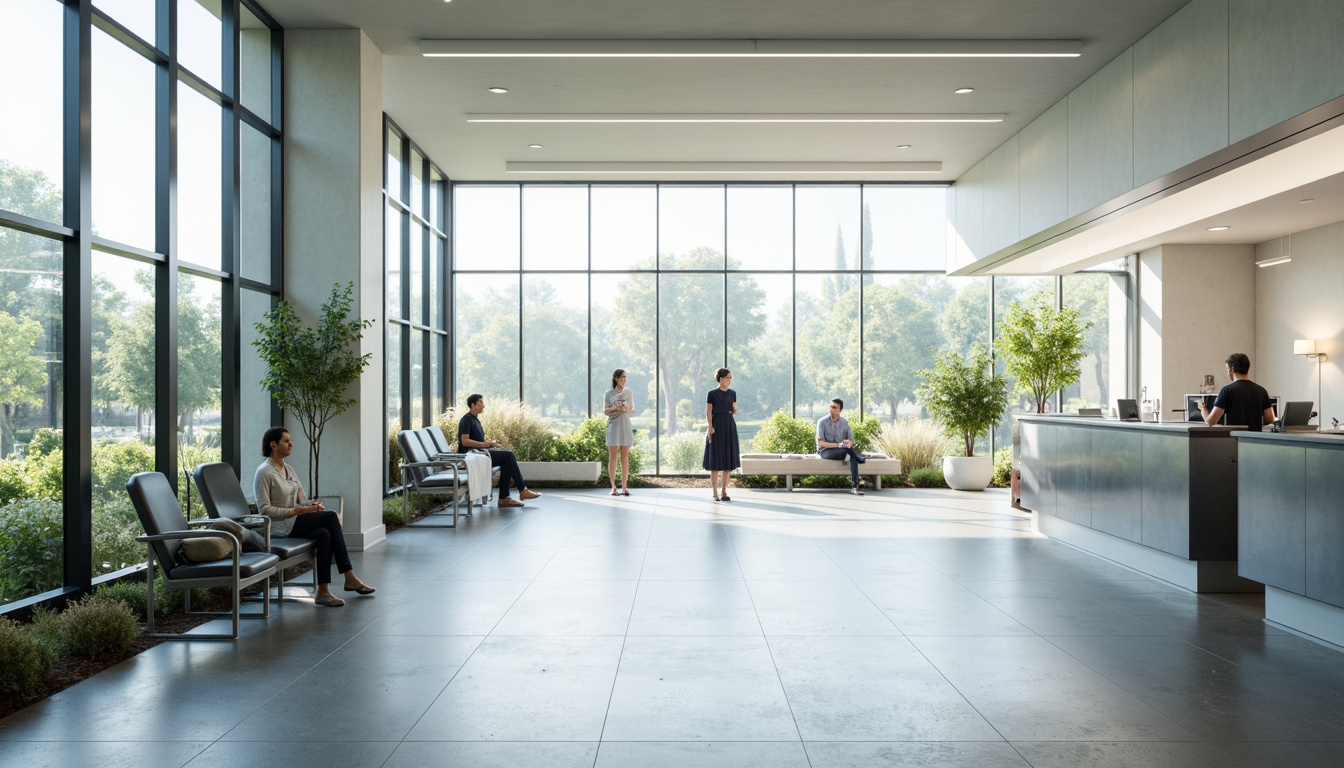 Prompt: Minimalist hospital interior, abundant natural light, floor-to-ceiling windows, sleek metal frames, polished concrete floors, calming white walls, sparse greenery, modern medical equipment, stainless steel surfaces, subtle ambient lighting, soft warm color palette, shallow depth of field, 1/1 composition, realistic textures, ambient occlusion, serene atmosphere, peaceful waiting areas, comfortable patient rooms, efficient nurse stations.