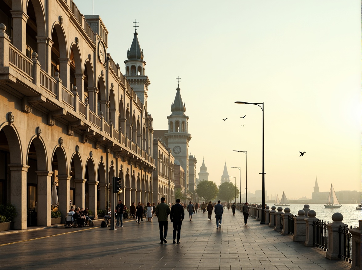 Prompt: Riverfront promenade, ornate balustrades, grandiose columns, symmetrical facades, classical arches, elegant cornices, limestone buildings, majestic clock towers, tranquil water reflections, sailboats, seagulls, misty morning atmosphere, warm golden lighting, shallow depth of field, 1/2 composition, panoramic view, realistic textures, ambient occlusion.