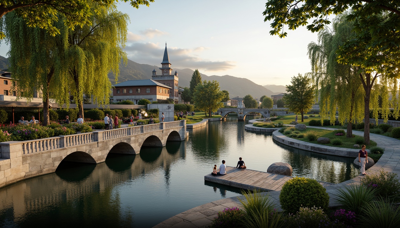 Prompt: Rustic stone bridges, ornate balustrades, lush greenery, vibrant flowers, meandering waterways, serene lakes, majestic willow trees, natural rock formations, weathered wooden docks, charming pedestrian paths, soft warm lighting, shallow depth of field, 3/4 composition, panoramic view, realistic textures, ambient occlusion, tranquil atmosphere, gentle water ripples, subtle mist effects.