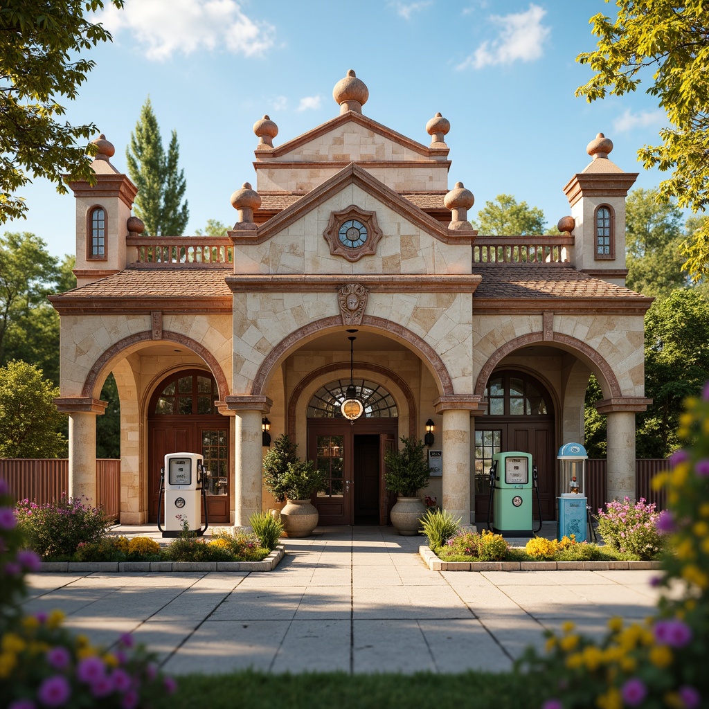 Prompt: Whimsical gas station, ornate fa\u00e7ade, vintage petrol pumps, distressed brick walls, rusty metal accents, floral patterns, soft pastel colors, intricate stonework, grand entrance arches, decorative cornices, ornamental turrets, lush greenery, blooming flowers, warm sunny day, soft golden lighting, shallow depth of field, 1/1 composition, realistic textures, ambient occlusion.