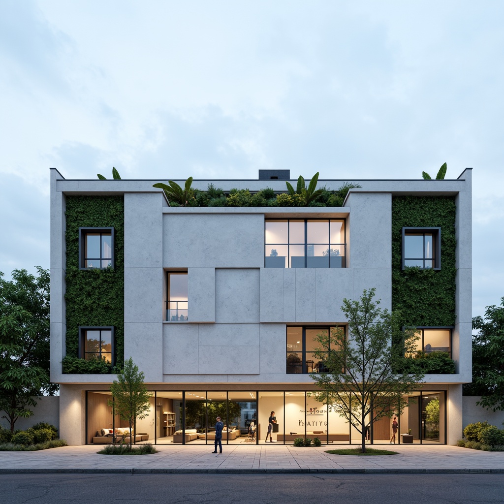 Prompt: Clean hospital facade, minimalist architecture, simple rectangular forms, flat roofs, neutral color palette, large glass windows, metal frames, subtle shading devices, vertical green walls, living walls, natural stone cladding, smooth concrete surfaces, hidden LED lighting, soft ambient illumination, 1/1 composition, symmetrical balance, realistic materials, subtle texture variations.