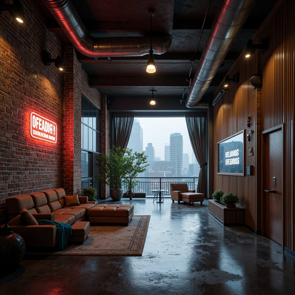 Prompt: Exposed brick walls, distressed concrete floors, metallic beams, industrial pipes, reclaimed wood accents, corrugated metal cladding, neon-lit signage, futuristic LED lighting, minimalist decor, urban cityscape views, foggy atmosphere, cinematic low-key lighting, shallow depth of field, 2/3 composition, realistic reflections, ambient occlusion.