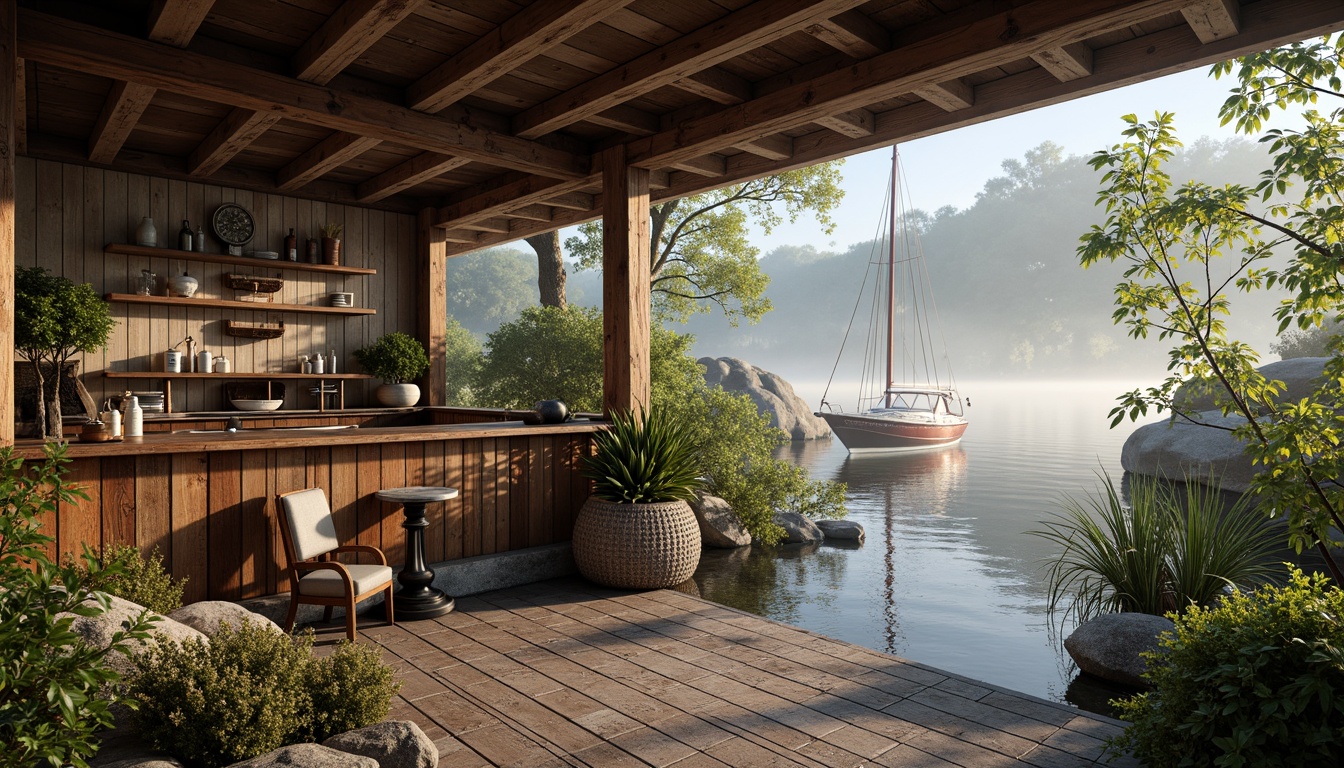 Prompt: Rustic boathouse, weathered wood accents, nautical ropes, distressed metal details, soft misty mornings, serene lake views, lush greenery, vibrant aquatic life, warm beige tones, calming blues, earthy browns, natural stone foundations, wooden docks, sailboat-inspired decor, vintage navigation instruments, cozy interior lighting, shallow depth of field, 1/1 composition, realistic textures, ambient occlusion.