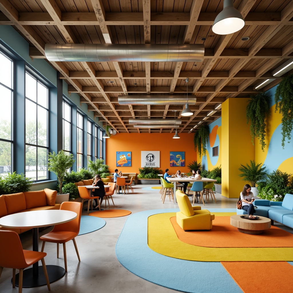 Prompt: Vibrant creative learning space, bold color scheme, stimulating yellow accents, calming blue undertones, energetic orange hues, inspiring greenery, natural wood textures, modern minimalist furniture, sleek metal fixtures, innovative lighting systems, flexible modular layouts, collaborative workstations, cozy reading nooks, interactive digital displays, engaging educational graphics, playful geometric patterns, soft warm lighting, shallow depth of field, 3/4 composition, panoramic view, realistic textures, ambient occlusion.