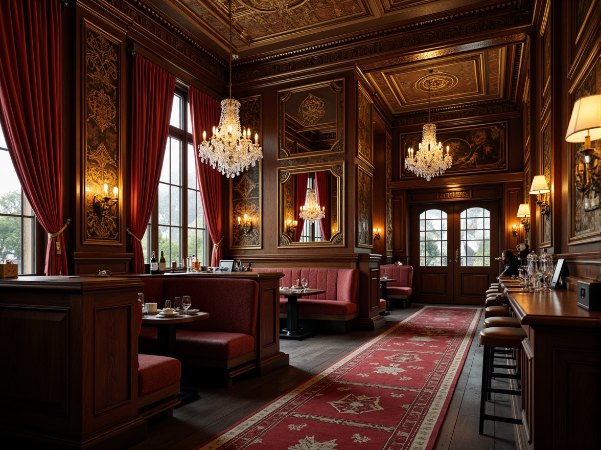 Prompt: Intricate pub interior, ornate Baroque details, gilded moldings, carved wooden panels, luxurious velvet drapes, crystal chandeliers, ornamental mirrors, richly patterned rugs, lavish furnishings, golden accents, warm candlelight, soft focus, shallow depth of field, 1/2 composition, atmospheric perspective, realistic textures, ambient occlusion.