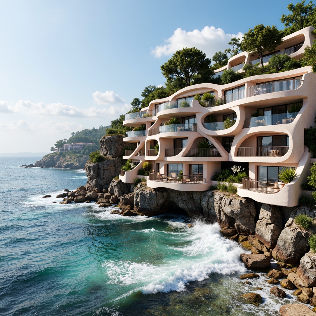 Prompt: Wave-crashing coastline, salty sea air, rugged cliffside, modern coastal architecture, undulating fa\u00e7ades, wavy balconies, ocean-inspired railings, driftwood accents, weathered wooden planks, beachy color palette, soft blue hues, creamy whites, coral pinks, large windows, sliding glass doors, natural ventilation systems, solar panels, green roofs, eco-friendly materials, cantilevered structures, dramatic overhangs, 3/4 composition, panoramic view, realistic textures, ambient occlusion.