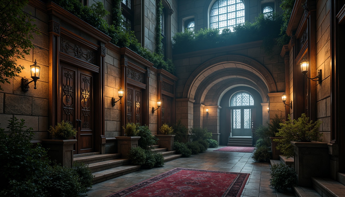 Prompt: Rustic stone walls, ornate wooden doors, stained glass windows, grandiose iron gates, mysterious foggy atmosphere, overgrown ivy vines, weathered copper roofs, intricate stone carvings, dramatic archways, lavish velvet drapes, richly patterned rugs, warm candlelight, eerie shadows, 1/1 composition, low-key lighting, cinematic mood, high-contrast textures, mystical ambiance.