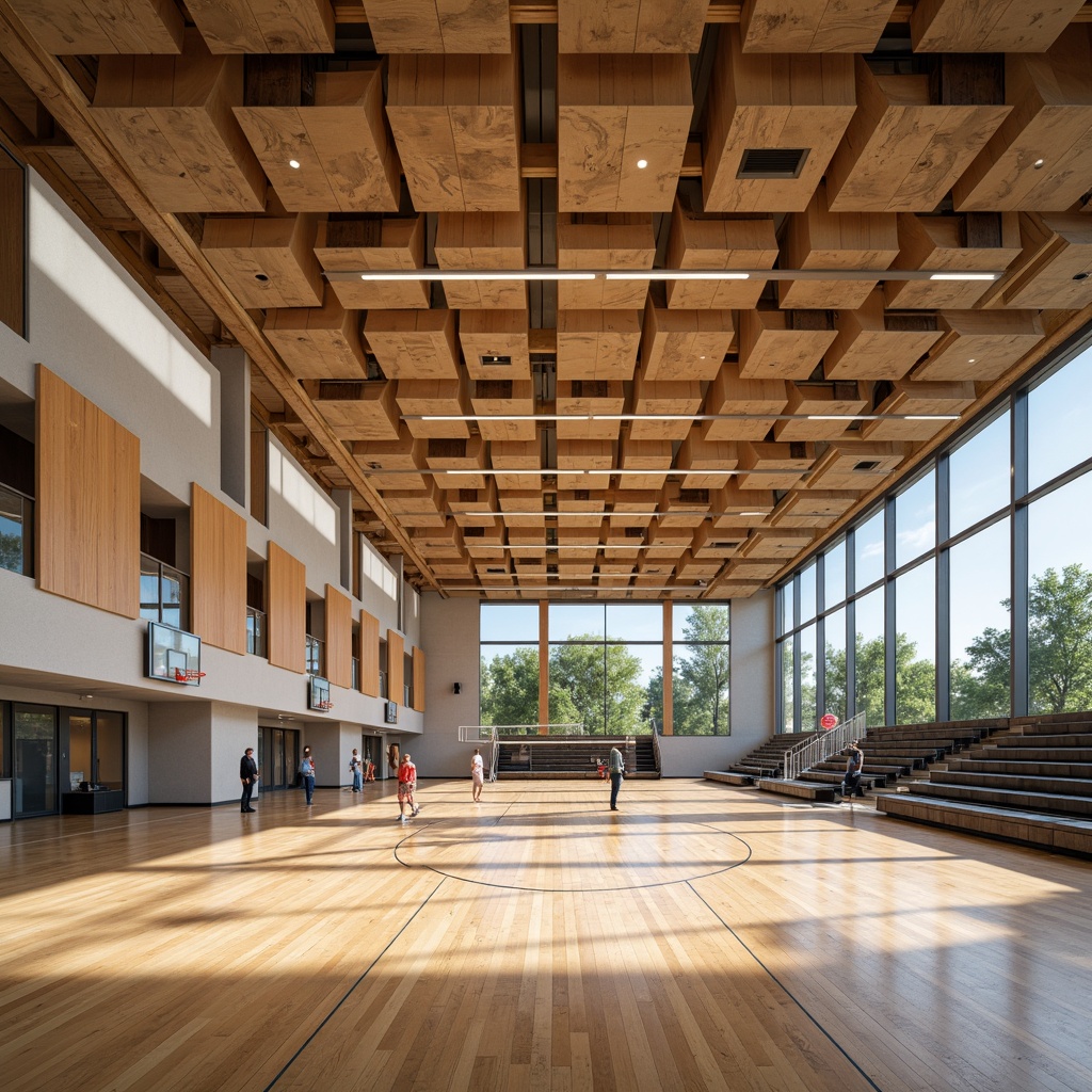 Prompt: Modern gymnasium interior, high ceilings, wooden flooring, sound-absorbing panels, acoustic ceiling tiles, reverberation control systems, echo-reducing materials, sports equipment, basketball hoops, volleyball nets, bleacher seating, natural light, large windows, transparent glass walls, minimal ornamentation, functional design, warm color scheme, soft indirect lighting, shallow depth of field, 1/2 composition, realistic textures, ambient occlusion.