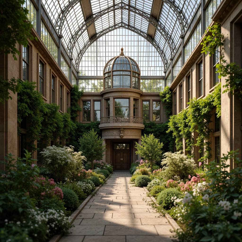 Prompt: Ornate greenhouse facade, lush greenery, elegant Victorian-era details, curved glass roofs, intricate metal frameworks, ornamental ironwork, soft natural light, warm earthy tones, rustic stone walls, climbing vines, blooming flowers, serene atmosphere, shallow depth of field, 1/1 composition, realistic textures, ambient occlusion.