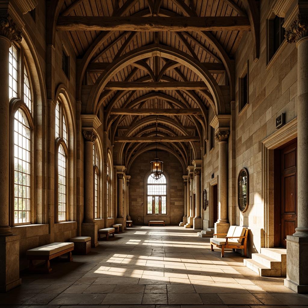 Prompt: Ancient stone columns, ornate capitals, rustic arches, weathered stonework, intricate carvings, grand entranceways, majestic vaulted ceilings, stained glass windows, warm golden lighting, soft focus, shallow depth of field, 1/2 composition, symmetrical framing, rich textures, ambient occlusion, historic landmarks, medieval-inspired architecture, ornamental details, classical proportions, earthy color palette.