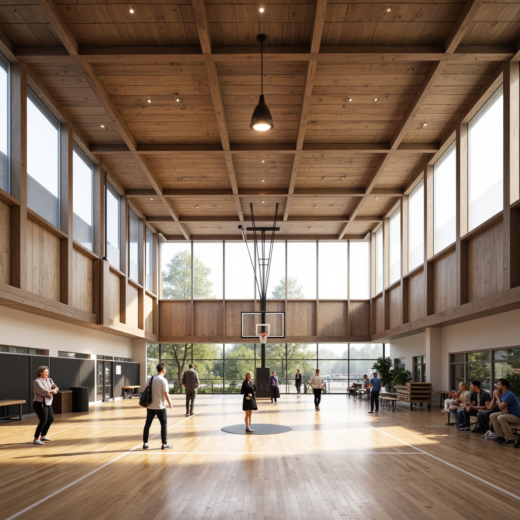 Prompt: Modern gymnasium interior, high ceilings, wooden flooring, sound-absorbing panels, acoustic ceiling tiles, reverberation control systems, echo-reducing materials, sports equipment, basketball hoops, volleyball nets, bleacher seating, natural light, large windows, transparent glass walls, minimal ornamentation, functional design, warm color scheme, soft indirect lighting, shallow depth of field, 1/2 composition, realistic textures, ambient occlusion.