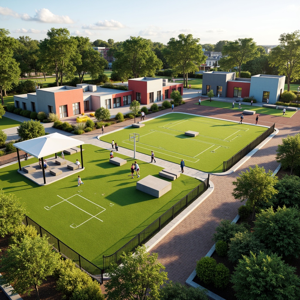 Prompt: Vibrant community hub, lush green grass, sports fields, athletic tracks, soccer goals, basketball courts, tennis nets, recreational facilities, modern architecture, curved lines, bold colors, natural stone seating areas, wooden benches, educational signage, interactive kiosks, shaded pavilions, misting systems, warm sunny day, soft focus, 1/1 composition, realistic textures, ambient occlusion.