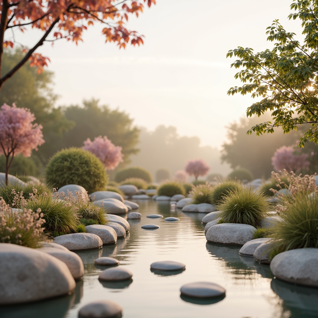 Prompt: Soft pastel hues, calming atmosphere, serene natural surroundings, gentle water features, lush greenery, blooming flowers, warm beige tones, creamy whites, pale blues, soothing mauves, earthy terracottas, subtle texture contrasts, organic shapes, minimalist composition, shallow depth of field, 1/1 aspect ratio, soft focus, warm golden lighting, realistic renderings.