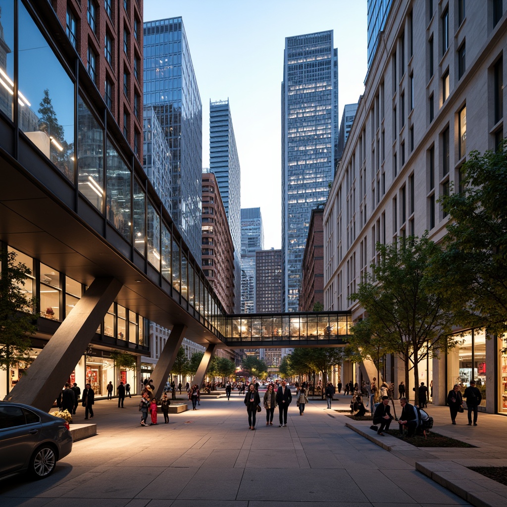 Prompt: Futuristic pedestrian bridge, sleek metal railings, translucent glass floors, LED lighting strips, dynamic arches, suspended walkways, urban cityscape, bustling streets, modern skyscrapers, vibrant street art, eclectic crowd, warm evening ambiance, soft golden lighting, shallow depth of field, 1/2 composition, realistic reflections, ambient occlusion, durable stainless steel, weathered wood accents, high-strength concrete piers, cantilevered sections, minimalist support columns.