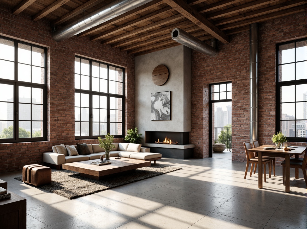 Prompt: Exposed brick walls, industrial metal beams, reclaimed wood accents, polished concrete floors, minimalist decor, modern urban loft, open-plan living space, floor-to-ceiling windows, natural light pouring in, airy atmosphere, sleek lines, geometric shapes, abstract art pieces, monochromatic color scheme, subtle textures, soft warm lighting, shallow depth of field, 3/4 composition, realistic renderings.