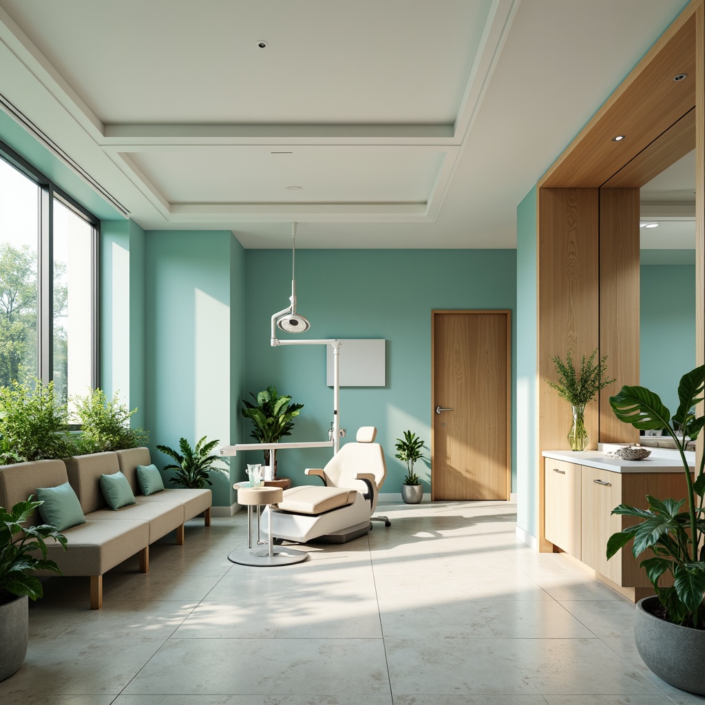 Prompt: Calming dental clinic, soothing blue-green color scheme, creamy whites, warm beige tones, natural wood accents, gentle curves, minimalist decor, modern medical equipment, sleek stainless steel surfaces, comfortable waiting area, lush green plants, soft overhead lighting, shallow depth of field, 1/1 composition, realistic textures, ambient occlusion.