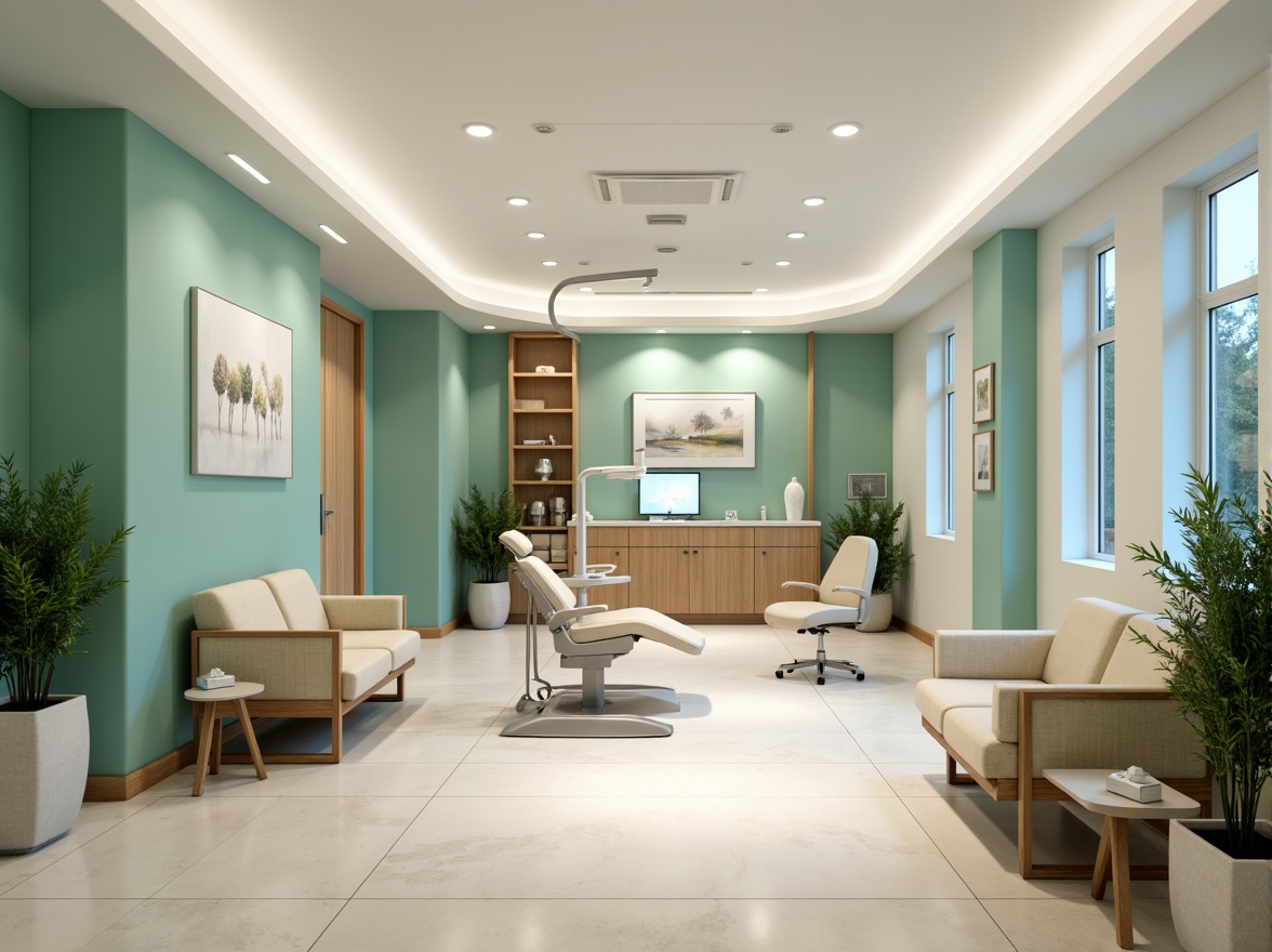 Prompt: Calming dental clinic, soothing blue-green color scheme, creamy whites, warm beige tones, natural wood accents, gentle curves, minimalist decor, modern medical equipment, sleek stainless steel surfaces, comfortable waiting area, lush green plants, soft overhead lighting, shallow depth of field, 1/1 composition, realistic textures, ambient occlusion.